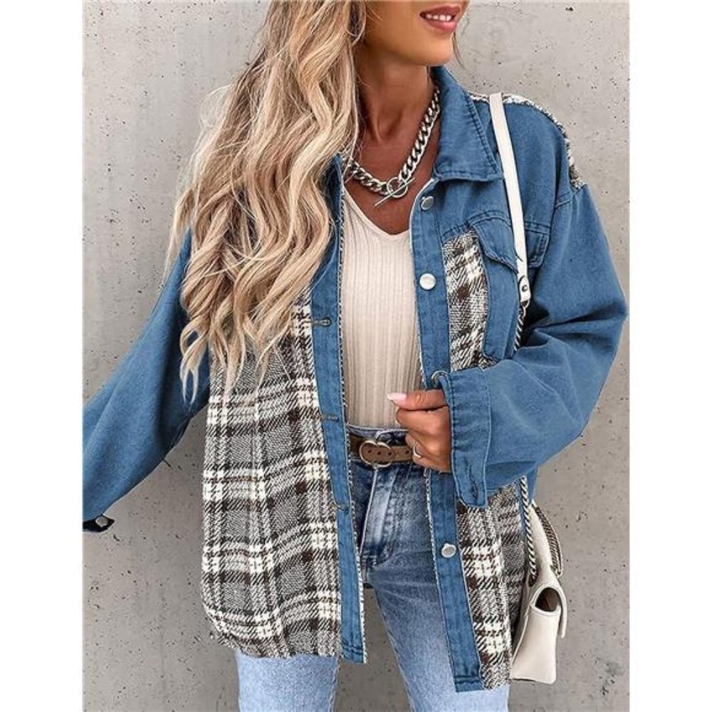 Medium Wash‎ Plaid Printed Patchwork Oversized Denim Jean Shacket Jacket Top
